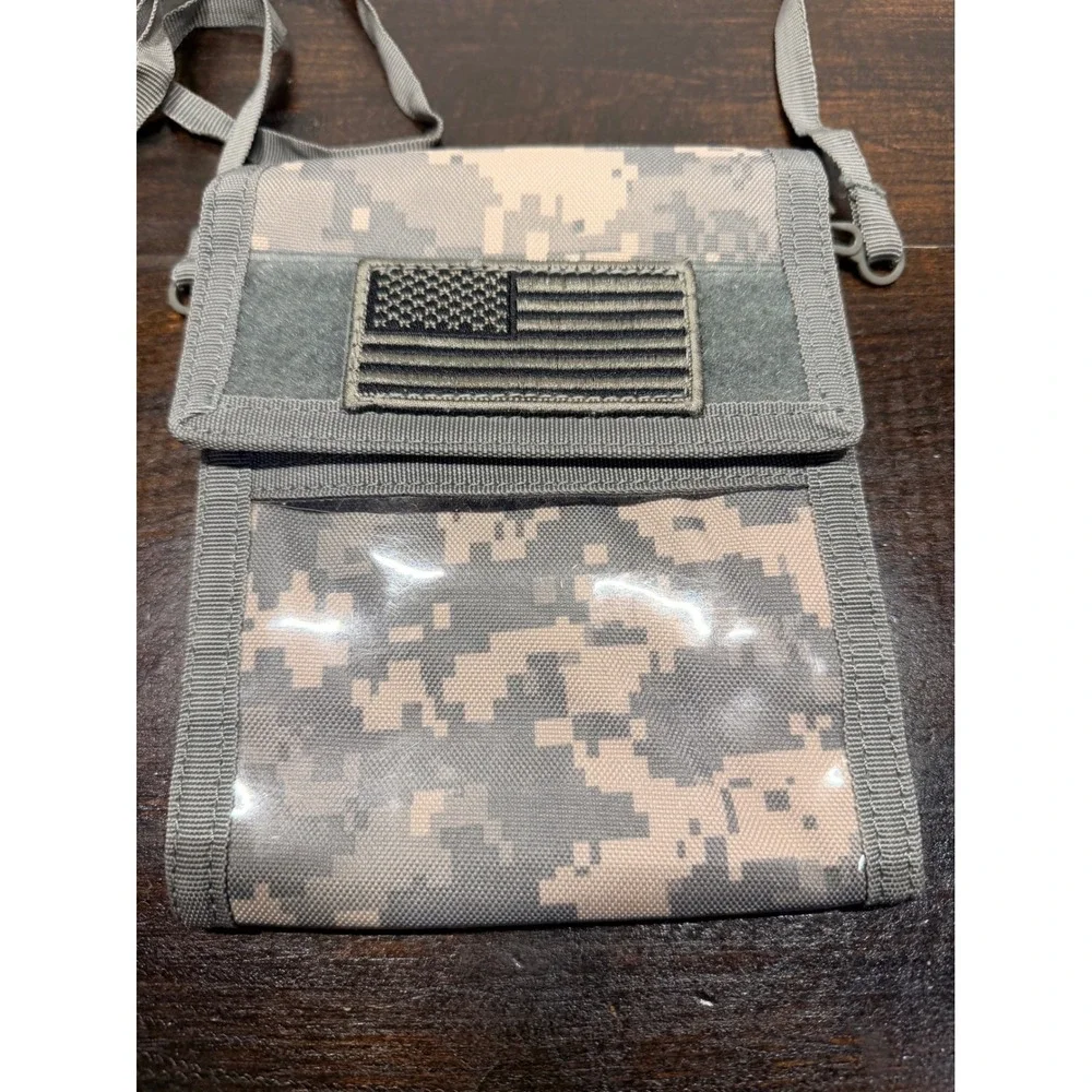 Tactical ACU Digital Camo Neck Wallet‎ ID Holder Travel Organizer USA Flag Patch